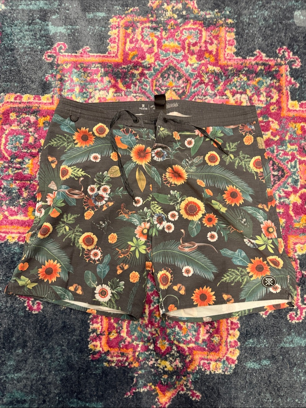 Roark Men's Black Floral Hybrid Shorts with Orange Sunflowers